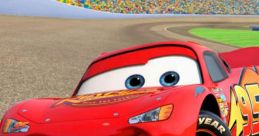 Lightning McQueen, the iconic red race car with big blue eyes, ready for action on the racetrack with cheering fans.