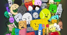 Colorful characters from "Battle For Dream Island" gather around Four in a vibrant, playful scene full of expression.