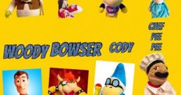 JR from SML alongside popular characters like Mario, Yoshi, Bowser, and Woody in vibrant cartoon-style display.