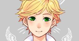 Adrien Agreste from the cartoon, featuring his signature blonde hair and playful green eyes with angelic wings.
