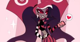 Velvette from Hazbin Hotel poses playfully, adorned in striking red and black attire with heart motifs against a pink backdrop.