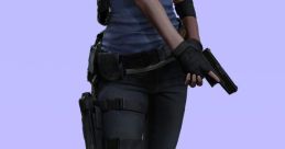 Jill Valentine in tactical gear from Resident Evil 3: Remake, ready for action with a handgun and combat-ready attire.