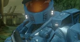 Michael J. Caboose in blue armor with a rifle, ready for action in the "Red Vs Blue" universe. Iconic character moment.