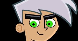 Danny Phantom character in a black suit with green eyes and silver hair, showcasing a confident, friendly demeanor.