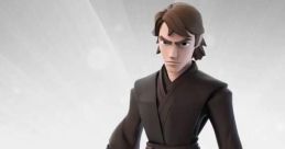 Anakin Skywalker from Disney Infinity, wielding a blue lightsaber, features dynamic pose and dark Jedi attire.