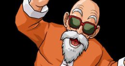Maestro Roshi striking a playful pose, wearing his signature orange outfit and sunglasses, showcasing his cheerful personality.