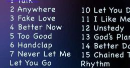 List of 16 favorite songs including "Talk," "Better Now," and "Glorious," showcasing popular music choices.