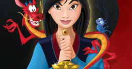 Mulan stands confidently with Mushu and Cri-Kee, embodying bravery in this iconic Disney cartoon.