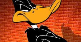 Daffy Duck stands confidently, showcasing his iconic look against a vibrant brick wall background.
