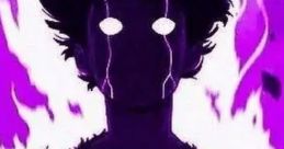 A shadowy figure with glowing white eyes surrounded by purple flames, representing chaotic and surreal themes.