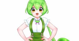 Playful Zundamon character with green hair and outfit, showcasing her cheerful personality and iconic leaf-themed design.