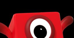 Cheerful Numberblock One, a vibrant red character with a big eye, celebrating with outstretched arms against a dark background.