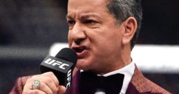 Bruce Buffer passionately announcing a UFC fight, dressed sharply in a purple tuxedo and holding a microphone.
