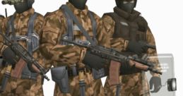 Three soldiers in camo uniforms, equipped with weapons and gear, representing the Russian Captain from MGS2 Radio.