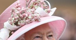 Queen Elizabeth smiling, wearing a pink hat adorned with flowers, showcasing her signature style and elegance.
