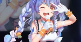 Usada Pekora, the vibrant VTuber, performing on stage with a microphone, showcasing her iconic rabbit-themed outfit.