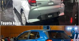 Toyota Agya and Perodua Axia showcased from rear angles, highlighting design features and branding at a launch event.