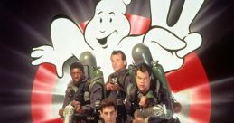 Ghostbusters II team poses heroically with proton packs, iconic ghost logo in the background, showcasing 80s movie nostalgia.