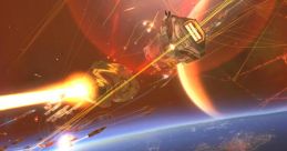 Epic space battle scene featuring ships firing lasers above a vibrant planet, embodying the essence of Homeworld.