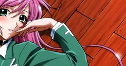 Moka Akashiya from Rosario + Vampire, relaxing on a wooden floor, showcasing her vibrant pink hair and school uniform.