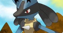 Lucario stands confidently in a vibrant landscape, showcasing its unique blue and black design against a sunny backdrop.