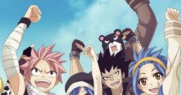 Natsu, Gray, Erza, Wendy, and Gajeel from Fairy Tail celebrate together, showcasing friendship and determination in their adventure.