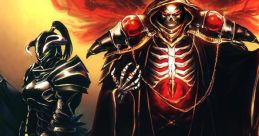 Powerful characters from Overlord stand menacingly, showcasing dark armor and skeletal features against a fiery backdrop.