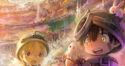 Riko and Reg from "Made In Abyss" explore a vibrant, fantastical landscape with adorable creatures, evoking adventure and wonder.