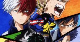 Iconic characters from Boku No Hero Academia showcase their powers and friendship in a vibrant, dynamic composition.