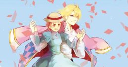 Howl and Sophie from Howl's Moving Castle joyfully flying through the sky, surrounded by colorful paper confetti.