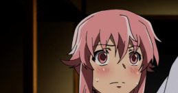 Yuno Gasai from Future Diary looks anxious with a worried expression, showcasing her iconic pink hair and emotional depth.