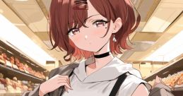 Stylish character with short reddish-brown hair, wearing a casual outfit with suspenders, in a modern store setting.