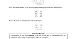 Explanation of congruent triangles, including vertex and side correspondences, with relevant mathematical notations.