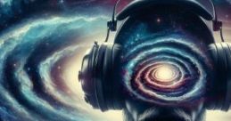 Futuristic artist with headphones amidst a cosmic backdrop, showcasing sound exploration and auditory creativity.