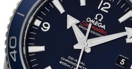 Close-up of Omega Seamaster Professional watch with a blue dial, stainless steel band, and 600m water resistance feature.