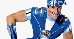 Sportacus from GetLazy crouches in a dynamic pose, promoting fitness and energy in a vibrant blue costume.