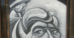 Black and white artwork featuring bold faces, symbolic elements, highlighting Geronimo Garcia's unique artistic style.