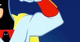 Space Ghost flexes his muscles in a heroic pose, showcasing his iconic costume and cape against a vibrant blue background.
