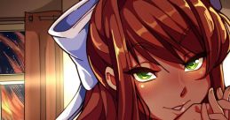 Monika from Doki Doki Literature Club, with green eyes and a playful smile, seated by a window during sunset.