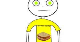 Cartoon character Peter from TruVoice, wearing a yellow shirt with a sandwich design, representing Adult Male 1.