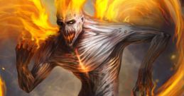 Fiery demon with glowing flames and a skeletal appearance, embodying a powerful mythical presence in a dark landscape.