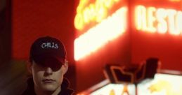 Person wearing a "Chills" hoodie and cap stands in front of a vibrant neon restaurant sign at night, exuding a mysterious vibe.