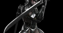 Raiden from Metal Gear, poised with a sword, showcasing his sleek robotic armor and dynamic combat readiness.
