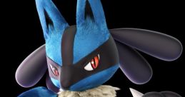 Lucario strikes an action pose, showcasing its blue fur, red eyes, and spiky arms, embodying agility and strength.