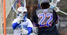 Lacrosse action shot featuring a player in black with the number 22 shooting on goal against a goalie in white.