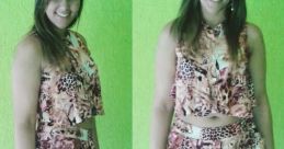Jhennifer Santos posing in a stylish animal print outfit, showcasing her vibrant look against a green background.