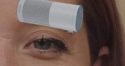 Woman smiling with a voice assistant speaker hovering above her brow, showcasing innovative AI voice technology in action.
