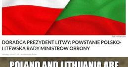 Meme featuring a humorous reaction to Polish-Lithuanian relations with a backdrop of their flags. Captures Lithuanian meme culture.