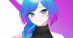 Stylish anime character with blue and pink hair, cat ears, wearing a cropped black top and denim, set against a colorful background.