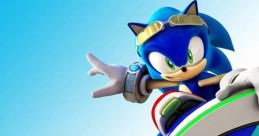 Sonic the Hedgehog performs an epic trick on a futuristic board, showcasing his speed and agility against a blue backdrop.